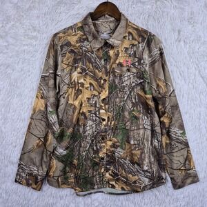Under Armour Womens Realtree Xtra Camo Button Down Shirt Pink Logo 1253209 L